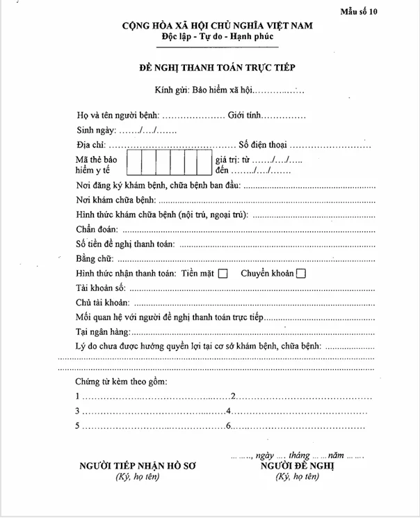 Mẫu số 10: Đề nghị thanh toán trực tiếp chi phí khám chữa bệnh.